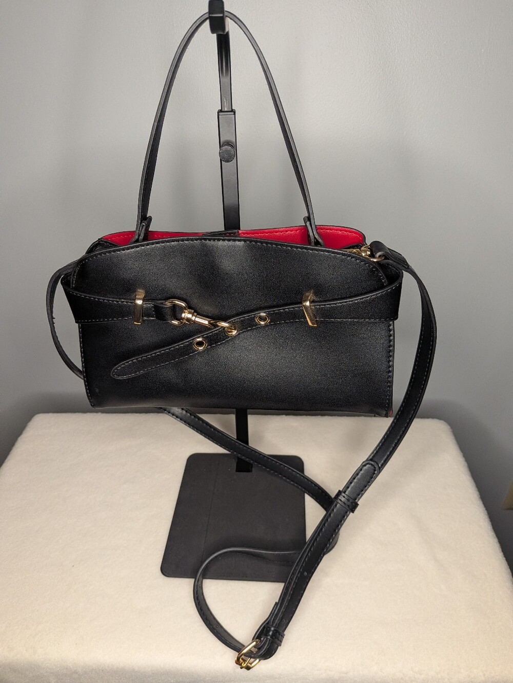 Black Structured Shoulder Bag with Contrast Red Lining & Belt Detail